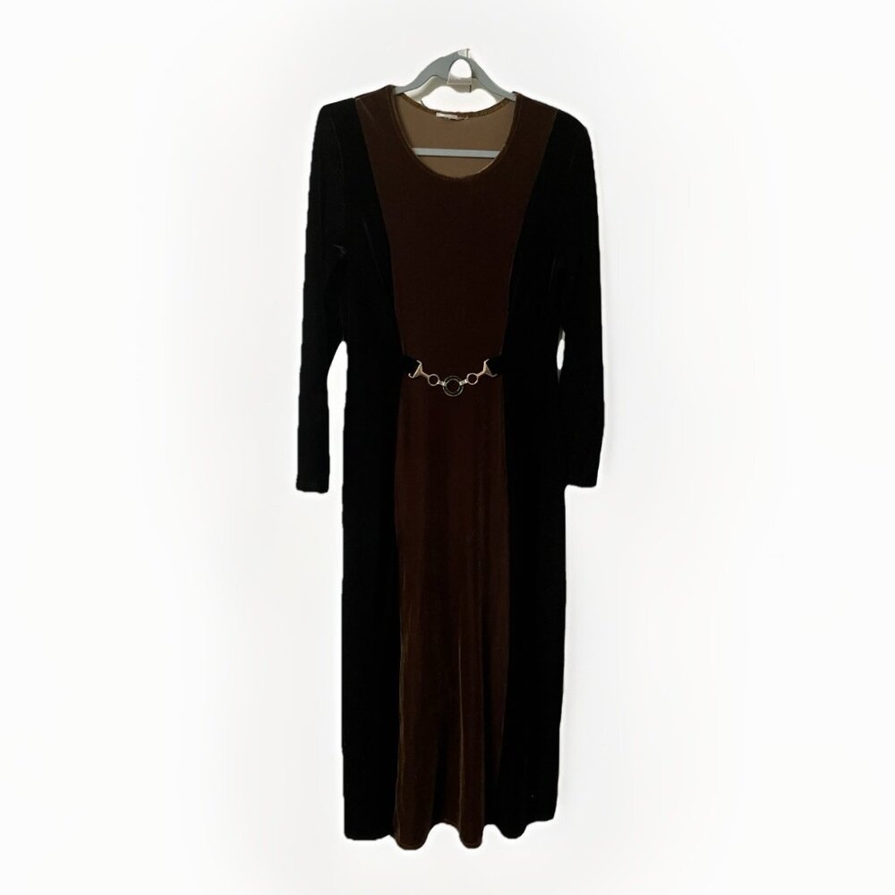 Vintage Black Brown Velvet Maxi Dress 90s Y2K Boho Vampy Whimsigoth‎